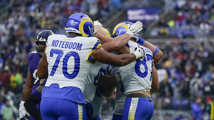 Dec 10, 2023; Baltimore, Maryland, USA;  Los Angeles Rams tight end Davis Allen (87) celebrates with teammates, including offensive tackle Joe Noteboom (70), after scoring a touchdown against the Baltimore Ravens during the second quarter at M&T Bank Stadium. Mandatory Credit: Jessica Rapfogel-Imagn Images