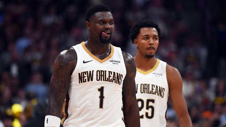New Orleans Pelicans forward Zion Williamson (1) and forward Trey Murphy III.
