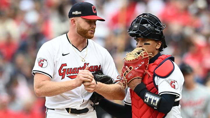 Oct 12, 2024: Cleveland Guardians pitcher Andrew Walters (63) and catcher Bo Naylor (23) talk on the mound in the fifth inning against the Detroit Tigers during game five of the ALDS for the 2024 MLB Playoffs at Progressive Field. Credit: Ken Blaze-Imagn Images