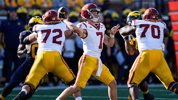 USC quarterback Miller Moss makes a pass against Michigan during the first half. USC quarterback Miller Moss makes a pass against Michigan during the first half.