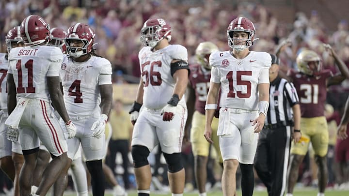 Aug 30, 2025; Tallahassee, Florida, USA; Alabama Crimson Tide quarterback Ty Simpson (15) reacts after a play against the Florida State Seminoles during the second half at Doak S. Campbell Stadium. Mandatory Credit: Melina Myers-Imagn Images Aug 30, 2025; Tallahassee, Florida, USA; Alabama Crimson Tide quarterback Ty Simpson (15) reacts after a play against the Florida State Seminoles during the second half at Doak S. Campbell Stadium. Mandatory Credit: Melina Myers-Imagn Images