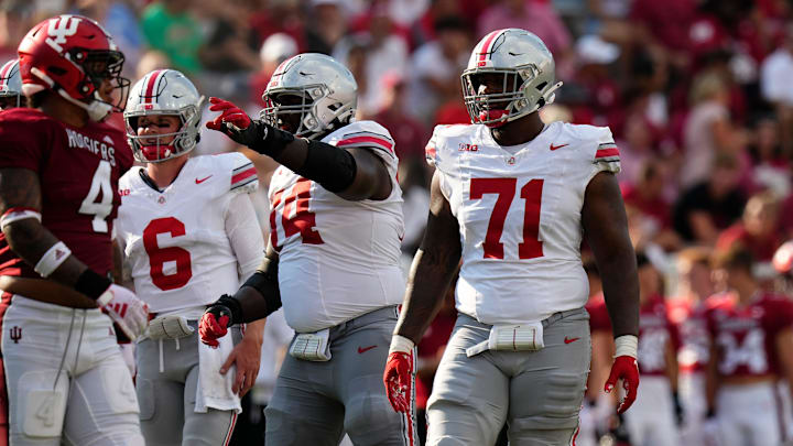 Sep 2, 2023; Bloomington, Indiana, USA; Ohio State Buckeyes offensive lineman Josh Simmons (71) lines up beside offensive lineman Donovan Jackson (74) during the NCAA football game at Indiana University Memorial Stadium. Ohio State won 23-3.