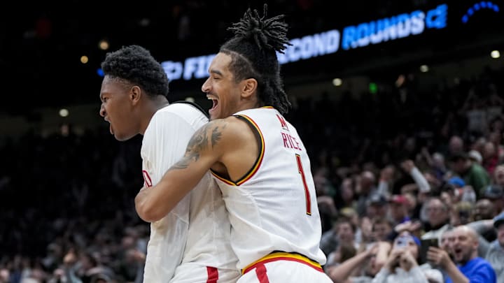 Mar 23, 2025; Seattle, WA, USA; Maryland Terrapins center Derik Queen (25) celebrates with teammates after scoring the game-winning shot against the Colorado State Rams at Climate Pledge Arena. Mandatory Credit: Stephen Brashear-Imagn Images
