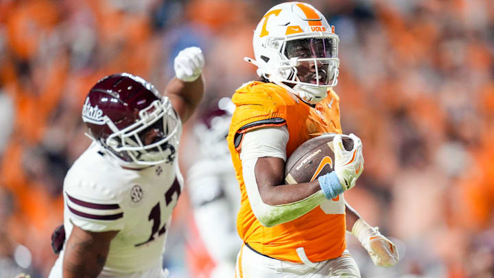 Tennessee running back Dylan Sampson (6) runs with the ball for a touchdown during a college football game between Tennessee and Mississippi State at Neyland Stadium in Knoxville, Tenn., on Saturday, Nov. 9, 2024.