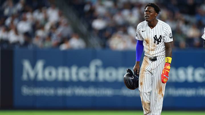 Sep 8, 2026; Bronx, New York, USA;  ep 8, 2026; Bronx, New York, USA;  New York Yankees second base Jazz Chisholm Jr. (13) reacts after a video review confirms an out at second base
 on a single during the eighth inning against the Colorado Rockies at Yankee Stadium.  Mandatory Credit: Vincent Carchietta-Imagn Images.  Mandatory Credit: Vincent Carchietta-Imagn Images