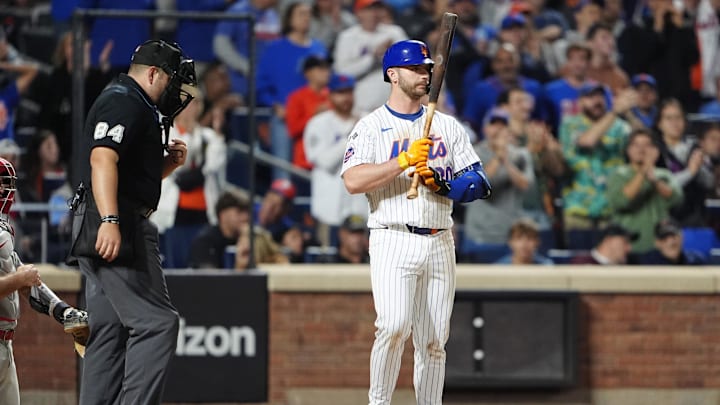 Sep 22, 2024; New York City, New York, USA;  New York Mets first baseman Pete Alonso (20) at bat during the eighth inning against the Philadelphia Phillies at Citi Field. Mandatory Credit: Gregory Fisher-Imagn Images