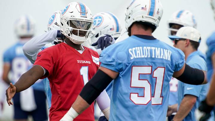 Tennessee Titans quarterback Cam Ward (1) greets center Austin Schlottmann (51) during OTAs at Vanderbilt Health Football Center in Nashville, Tenn., Thursday, June 11, 2026. Tennessee Titans quarterback Cam Ward (1) greets center Austin Schlottmann (51) during OTAs at Vanderbilt Health Football Center in Nashville, Tenn., Thursday, June 11, 2026.