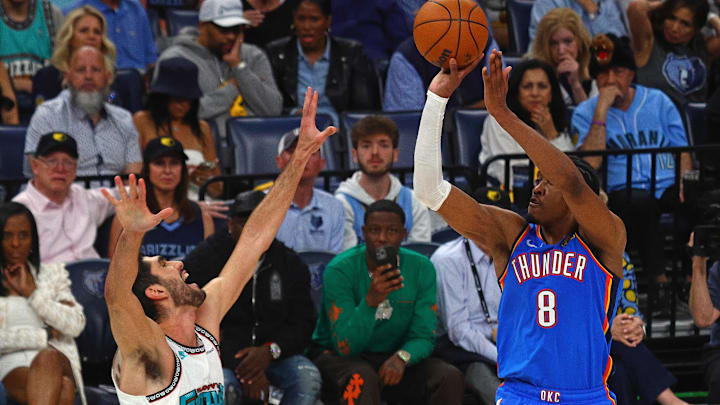 Apr 24, 2025; Memphis, Tennessee, USA; Oklahoma City Thunder forward Jalen Williams (8) shoots as Memphis Grizzlies forward Santi Aldama (7) defends during the third quarter during game three for the first round of the 2024 NBA Playoffs at FedExForum. Mandatory Credit: Petre Thomas-Imagn Images Apr 24, 2025; Memphis, Tennessee, USA; Oklahoma City Thunder forward Jalen Williams (8) shoots as Memphis Grizzlies forward Santi Aldama (7) defends during the third quarter during game three for the first round of the 2024 NBA Playoffs at FedExForum. Mandatory Credit: Petre Thomas-Imagn Images