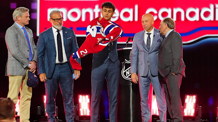 Jun 28, 2024; Las Vegas, Nevada, USA; Michael Hage is selected by the Montreal Canadiens with the 21st overall pick in the first round of the 2024 NHL Draft at The Sphere. Mandatory Credit: Stephen R. Sylvanie-Imagn Images