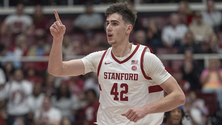 Mar 1, 2025; Stanford, California, USA; Stanford Cardinal forward Maxime Raynaud (42) signals during the second half against the Southern Methodist Mustangs at Maples Pavilion. Mandatory Credit: Stan Szeto-Imagn Images Mar 1, 2025; Stanford, California, USA; Stanford Cardinal forward Maxime Raynaud (42) signals during the second half against the Southern Methodist Mustangs at Maples Pavilion. Mandatory Credit: Stan Szeto-Imagn Images