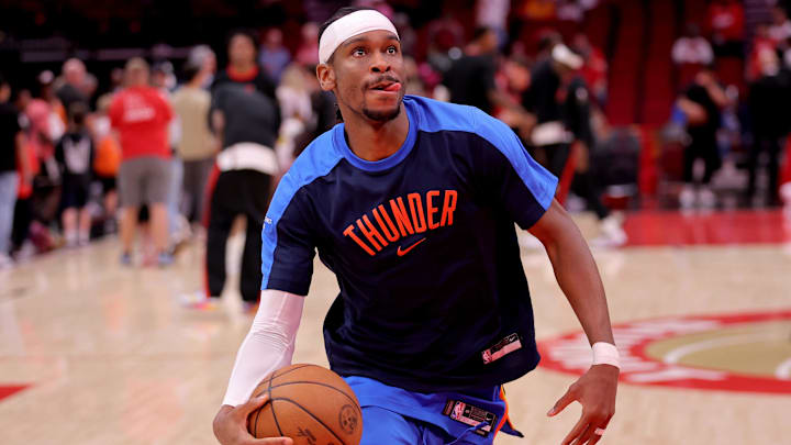 Apr 4, 2025; Houston, Texas, USA; Oklahoma City Thunder guard Shai Gilgeous-Alexander (2) warms up prior to the game against the Houston Rockets at Toyota Center. Mandatory Credit: Erik Williams-Imagn Images