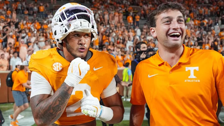 Tennessee running back Peyton Lewis (2) acts like he is going to fight after a college football game between Tennessee and Arkansas at Neyland Stadium in Knoxville, Tenn., on Oct. 11, 2025.