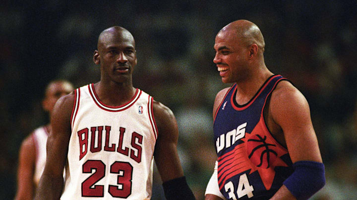 Bulls guard Michael Jordan and Suns forward Charles Barkley face off in the 1993 NBA Finals.