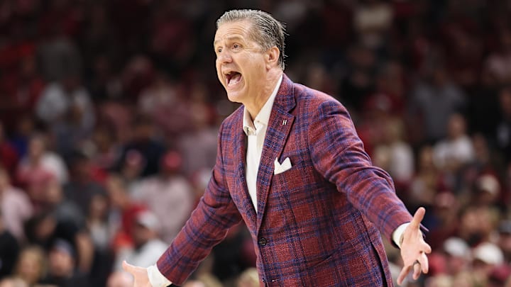John Calipari reacts during the second half against the Texas A&M Aggies at Bud Walton Arena. 