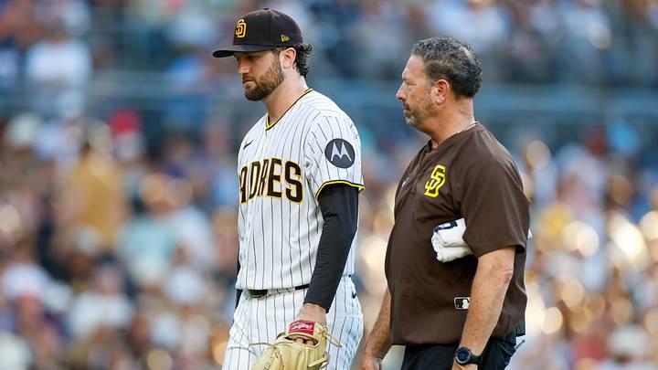 Aug 22, 2026; San Diego, California, USA;  San Diego Padres starting pitcher Casey Mize (32) leaves the field during third inning against the Minnesota Twins at Petco Park.  Mandatory Credit: David Frerker-Imagn Images