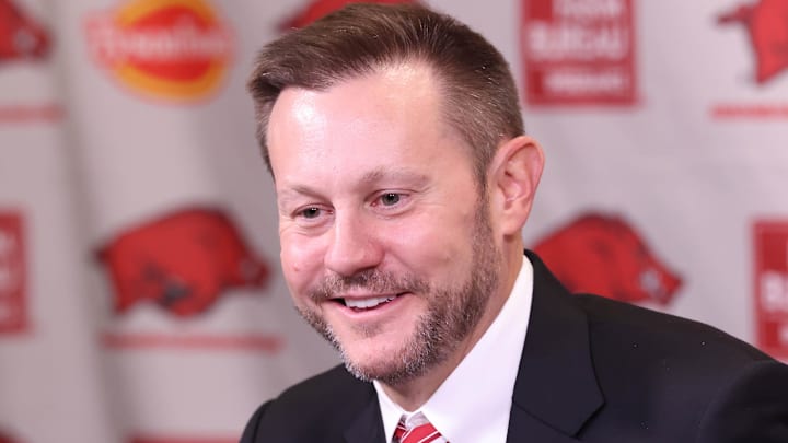Dec 4, 2025; Fayetteville, AR, USA; Arkansas Razorbacks head coach Ryan Silverfield during his introductory press conference at Frank Broyles Center. Mandatory Credit: Nelson Chenault-Imagn Images Dec 4, 2025; Fayetteville, AR, USA; Arkansas Razorbacks head coach Ryan Silverfield during his introductory press conference at Frank Broyles Center. Mandatory Credit: Nelson Chenault-Imagn Images