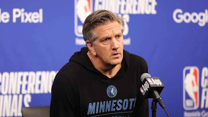 May 30, 2024; Minneapolis, Minnesota, USA; Minnesota Timberwolves head coach Chris Finch at a press conference before game five of the western conference finals for the 2024 NBA playoffs against the Dallas Mavericks at Target Center. Mandatory Credit: Jesse Johnson-USA TODAY Sports