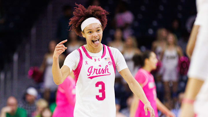 Notre Dame guard Hannah Hidalgo celebrates going into a timeout during a NCAA women's basketball game against NC State at Purcell Pavilion on Sunday, Feb. 15, 2026, in South Bend.