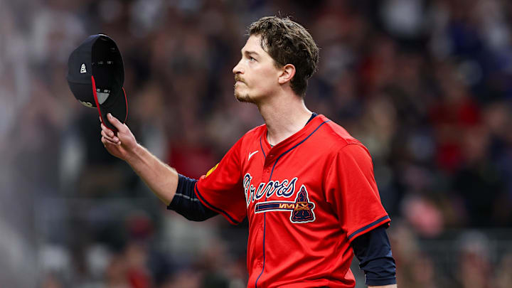 Sep 27, 2024; Atlanta, Georgia, USA; Atlanta Braves starting pitcher Max Fried (54) tips his hat to the crowd after being removed from a game against the Kansas City Royals in the ninth inning at Truist Park. Mandatory Credit: Brett Davis-Imagn Images