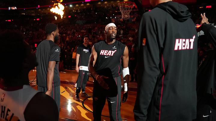 Apr 12, 2026; Miami, Florida, USA; Miami Heat center Bam Adebayo (13) greets his teammates during pregame introductions before a game against the Atlanta Hawks at Kaseya Center. Mandatory Credit: Jim Rassol-Imagn Images Apr 12, 2026; Miami, Florida, USA; Miami Heat center Bam Adebayo (13) greets his teammates during pregame introductions before a game against the Atlanta Hawks at Kaseya Center. Mandatory Credit: Jim Rassol-Imagn Images