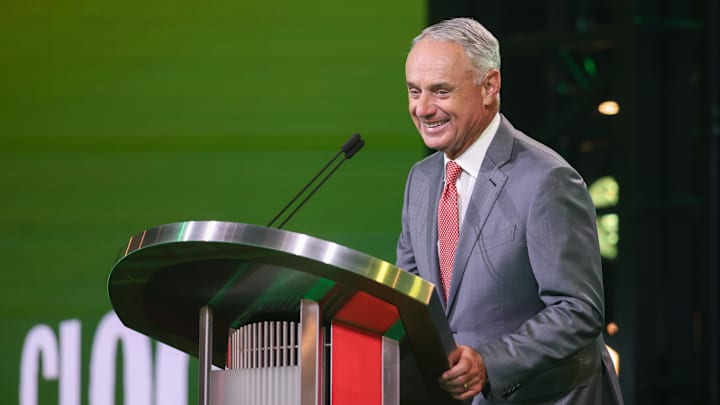 Jul 13, 2025; Atlanta, GA, USA; MLB Commissioner Rob Manfred announces the pick for the Athletics pick during the MLB Draft at The Coca-Cola Roxy. Mandatory Credit: Brett Davis-Imagn Images Jul 13, 2025; Atlanta, GA, USA; MLB Commissioner Rob Manfred announces the pick for the Athletics pick during the MLB Draft at The Coca-Cola Roxy. Mandatory Credit: Brett Davis-Imagn Images