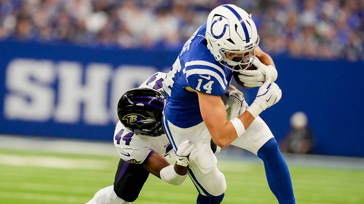 Baltimore Ravens cornerback Marlon Humphrey (44) tackles Indianapolis Colts wide receiver Alec Pierce (14) on Sunday, Sept. 13, 2026, during a game against the Baltimore Ravens at Lucas Oil Stadium in Indianapolis. Baltimore Ravens cornerback Marlon Humphrey (44) tackles Indianapolis Colts wide receiver Alec Pierce (14) on Sunday, Sept. 13, 2026, during a game against the Baltimore Ravens at Lucas Oil Stadium in Indianapolis.