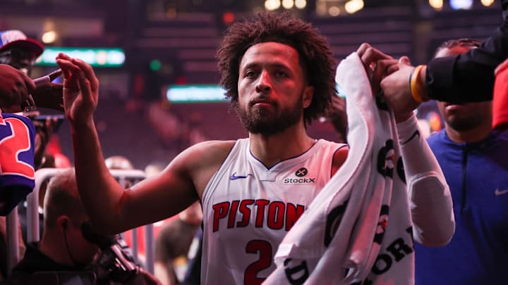 Nov 18, 2025; Atlanta, Georgia, USA; Detroit Pistons guard Cade Cunningham (2) celebrates after a victory over the Atlanta Hawks at State Farm Arena. Mandatory Credit: Brett Davis-Imagn Images