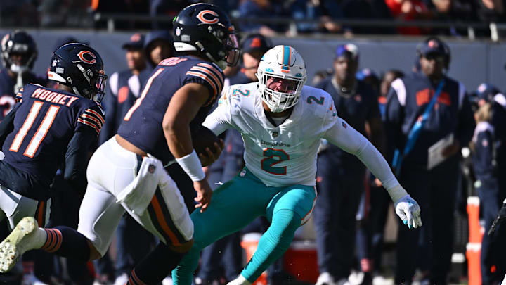 Former Dolphins edge Bradley Chubb tracks former Bears QB Justin Fields in a 2022 game. Former Dolphins edge Bradley Chubb tracks former Bears QB Justin Fields in a 2022 game.