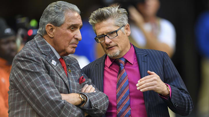 Oct 20, 2019; Atlanta, GA, USA; Atlanta Falcons team owner Arthur Blank (left) and general manager Thomas Dimitroff talk on the sidelines during the game against the Los Angeles Rams during the second half at Mercedes-Benz Stadium. Mandatory Credit: Dale Zanine-Imagn Images Oct 20, 2019; Atlanta, GA, USA; Atlanta Falcons team owner Arthur Blank (left) and general manager Thomas Dimitroff talk on the sidelines during the game against the Los Angeles Rams during the second half at Mercedes-Benz Stadium. Mandatory Credit: Dale Zanine-Imagn Images