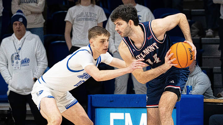 Drake's Eli Shetlar defends Belmont's Sam Orme during a game at Knapp Center on Saturday, Jan. 10, 2026 in Des Moines. Drake's Eli Shetlar defends Belmont's Sam Orme during a game at Knapp Center on Saturday, Jan. 10, 2026 in Des Moines.