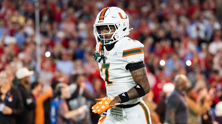Jan 8, 2026; Glendale, AZ, USA; Miami Hurricanes defensive back Zechariah Poyser (7) against the Mississippi Rebels during the 2026 Fiesta Bowl and semifinal game of the College Football Playoff at State Farm Stadium. Mandatory Credit: Mark J. Rebilas-Imagn Images