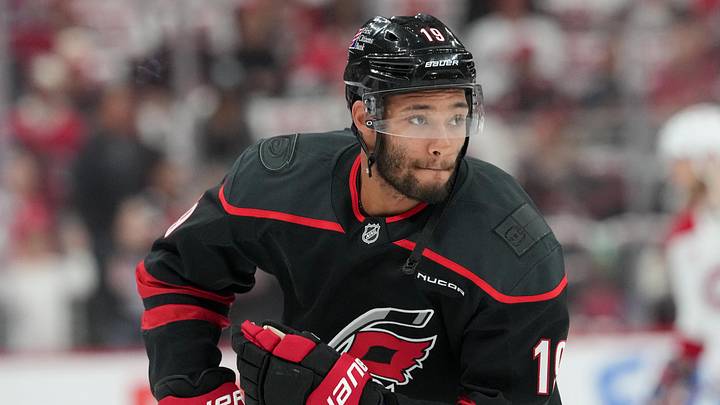 May 21, 2026; Raleigh, North Carolina, USA; Carolina Hurricanes defenseman K'andre Miller (19) looks on during warmups before game one of the Eastern Conferene Final against the Montreal Canadiens of the 2026 Stanley Cup Playoffs at Lenovo Center. Mandatory Credit: James Guillory-Imagn Images