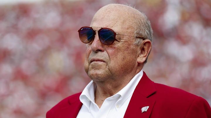 Oct 2, 2021; Madison, Wisconsin, USA;  Former Wisconsin Badgers athletic director and football head coach Barry Alvarez looks on during the second quarter against the Michigan Wolverines at Camp Randall Stadium. Mandatory Credit: Jeff Hanisch-Imagn Images