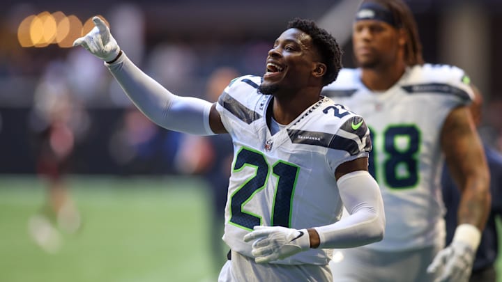 Oct 20, 2024; Atlanta, Georgia, USA; Seattle Seahawks cornerback Devon Witherspoon (21) runs off the field before a game against the Atlanta Falcons at Mercedes-Benz Stadium. Mandatory Credit: Brett Davis-Imagn Images