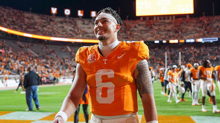 Tennessee quarterback Joey Aguilar (6) smiles after a college football game between Tennessee and Arkansas at Neyland Stadium in Knoxville, Tenn., on Oct. 11, 2025. Tennessee quarterback Joey Aguilar (6) smiles after a college football game between Tennessee and Arkansas at Neyland Stadium in Knoxville, Tenn., on Oct. 11, 2025.
