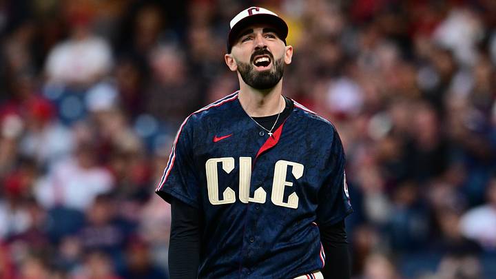 May 29, 2026; Cleveland, Ohio, USA; Cleveland Guardians pitcher Colin Holderman (35) reacts after being hit by the ball during the sixth inning against the Boston Red Sox at Progressive Field. Mandatory Credit: Ken Blaze-Imagn Images