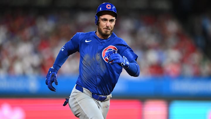 Sep 24, 2024; Philadelphia, Pennsylvania, USA; Chicago Cubs outfielder Cody Bellinger (24) runs to third after hitting an RBI triple against the Philadelphia Phillies in the sixth inning at Citizens Bank Park. 