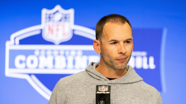 Feb 27, 2024; Indianapolis, IN, USA; Arizona Cardinals head coach Jonathan Gannon talks to the media