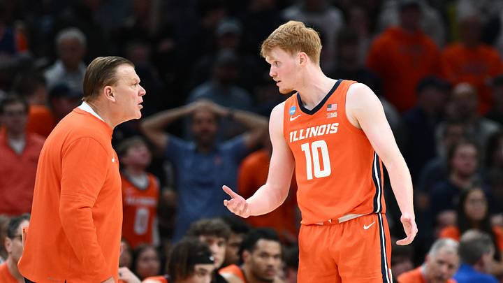 Mar 30, 2024; Boston, MA, USA; Illinois Fighting Illini guard Luke Goode (10) talks with head coach Brad Underwood in the finals of the East Regional of the 2024 NCAA Tournament at TD Garden. Mandatory Credit: Brian Fluharty-USA TODAY Sports Mar 30, 2024; Boston, MA, USA; Illinois Fighting Illini guard Luke Goode (10) talks with head coach Brad Underwood in the finals of the East Regional of the 2024 NCAA Tournament at TD Garden. Mandatory Credit: Brian Fluharty-USA TODAY Sports
