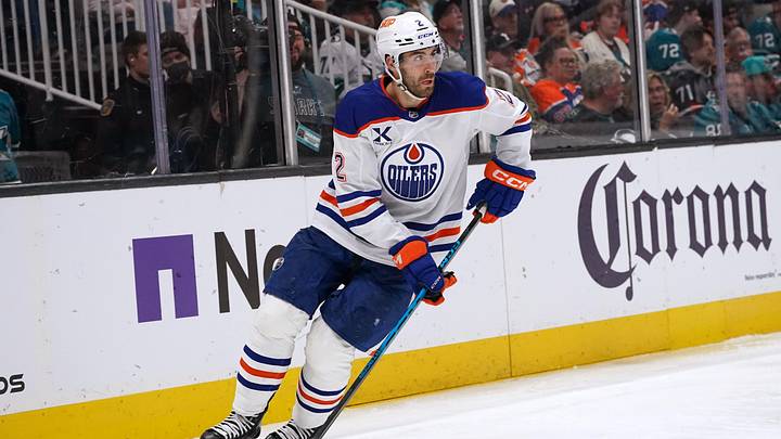 Apr 8, 2026; San Jose, California, USA;  Edmonton Oilers defenseman Evan Bouchard (2) controls the puck against the San Jose Sharks during the second period at SAP Center at San Jose. Mandatory Credit: David Gonzales-Imagn Images