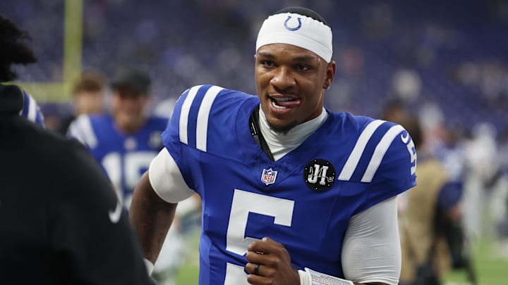 Indianapolis Colts quarterback Anthony Richardson (5) walks off the field after their win against the Las Vegas Raiders at Lucas Oil Stadium. Mandatory Credit: Trevor Ruszkowski-Imagn Images