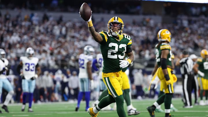 Green Bay Packers cornerback Jaire Alexander reacts after an interception against the Dallas Cowboys.