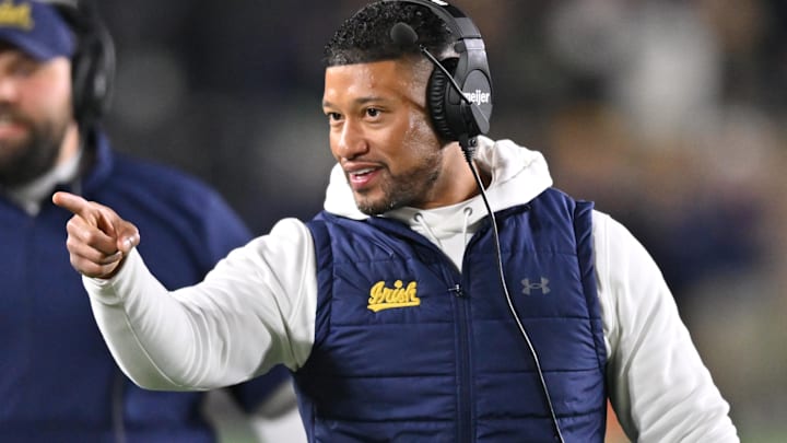 Nov 9, 2024; South Bend, Indiana, USA; Notre Dame Fighting Irish head coach Marcus Freeman reacts after a Fighting Irish touchdown against the Florida State Seminoles in the third quarter at Notre Dame Stadium. Nov 9, 2024; South Bend, Indiana, USA; Notre Dame Fighting Irish head coach Marcus Freeman reacts after a Fighting Irish touchdown against the Florida State Seminoles in the third quarter at Notre Dame Stadium.
