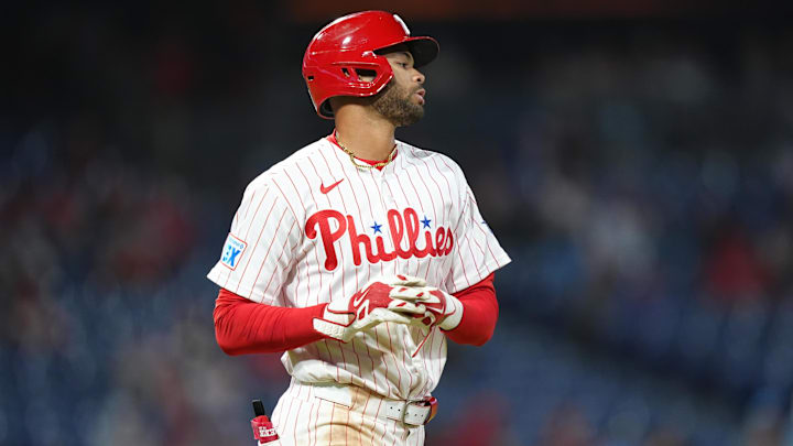 Apr 19, 2026; Philadelphia, Pennsylvania, USA; Philadelphia Phillies outfielder Justin Crawford (2) looks on after receiving a walk against the Atlanta Braves in the ninth inning at Citizens Bank Park. 