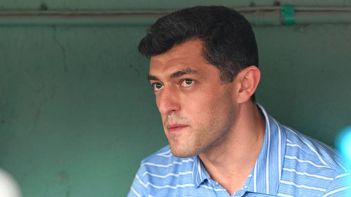 Jul 27, 2022; Boston, Massachusetts, USA; Boston Red Sox chief baseball officer Chaim Bloom talks with the media before a game against the Cleveland Guardians at Fenway Park. Mandatory Credit: Brian Fluharty-USA TODAY Sports