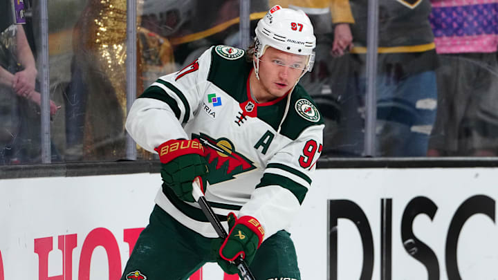 Apr 29, 2025; Las Vegas, Nevada, USA; Minnesota Wild left wing Kirill Kaprizov (97) warms up before the start of game five of the first round of the 2025 Stanley Cup Playoffs against the Vegas Golden Knights at T-Mobile Arena. Mandatory Credit: Stephen R. Sylvanie-Imagn Images