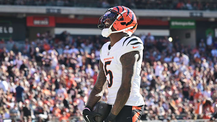 Oct 20, 2024; Cleveland, Ohio, USA; Cincinnati Bengals wide receiver Tee Higgins (5) celebrates after scoring a touchdown during the second half against the Cleveland Browns at Huntington Bank Field.