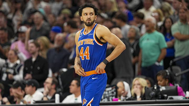 New York Knicks guard Landry Shamet (44) looks on in the second quarter during game two of the 2026 NBA Finals at Frost Bank Center. 