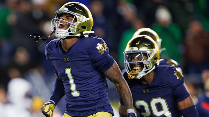 Notre Dame safety Jordan Clark (1) celebrates his interception during a NCAA college football game against Florida State at Notre Dame Stadium on Saturday, Nov. 9, 2024, in South Bend. Notre Dame safety Jordan Clark (1) celebrates his interception during a NCAA college football game against Florida State at Notre Dame Stadium on Saturday, Nov. 9, 2024, in South Bend.
