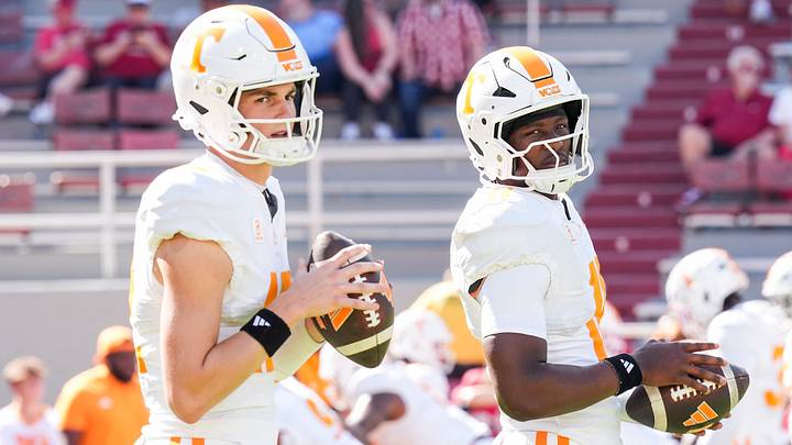 Tennessee quarterback George MacIntyre (12) and Tennessee quarterback Faizon Brandon (11) before a college football game between Tennessee and Arkansas at Donald W. Reynolds Razorback Stadium in Fayetteville, Ark., on Oct. 10, 2026.